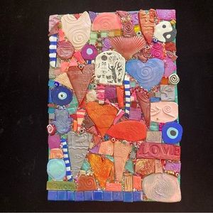 Handmade Clay/Glass Mosaic Art Heart design Polymer Clay Original On Wood